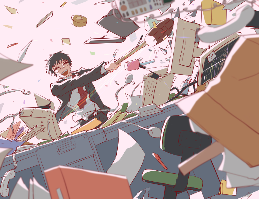 1boy :d absurdres avogado6 belt black_hair black_jacket black_pants blurry blurry_foreground chair closed_eyes computer computer_keyboard computer_mouse corded_phone cup debris desk flying_paper formal_clothes glasses hammer highres holding holding_hammer jacket male_focus monitor mug necktie office_chair open_clothes open_jacket open_mouth original pants paper papers pen phone red_necktie shirt shirt_partially_tucked_in short_hair sledgehammer smile solo suit swinging_weapon swivel_chair white_shirt