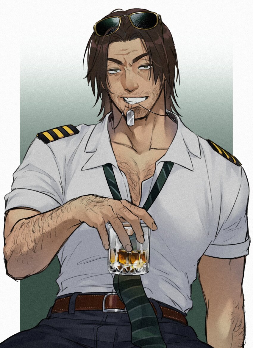 1boy absurdres bara beard_stubble belt cowboy_shot cup denim dog_tags facial_hair hairy highres holding holding_cup jeans looking_at_viewer loose_necktie male_focus mature_male mouthwashing muscular muscular_male necklace_in_mouth necktie pants partially_unbuttoned polle_(mouthwashing) sanpaku seductive_smile setuyuyu short_hair smile smirk solo sparse_arm_hair sparse_chest_hair stubble thick_eyebrows tsurime