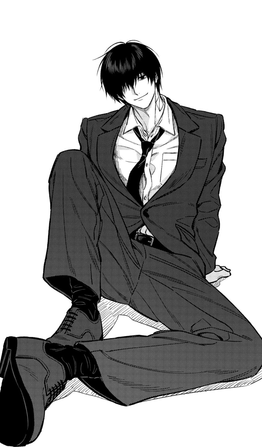 1boy belt closed_mouth collared_shirt formal_clothes full_body hair_over_one_eye hands_on_floor head_tilt highres jacket knee_up kuroiisana leaning_to_the_side light_smile looking_at_viewer male_focus nagumo_(sakamoto_days) neck_tattoo necktie on_floor one_eye_covered sakamoto_days shirt short_hair simple_background sitting socks straight_hair tattoo white_background