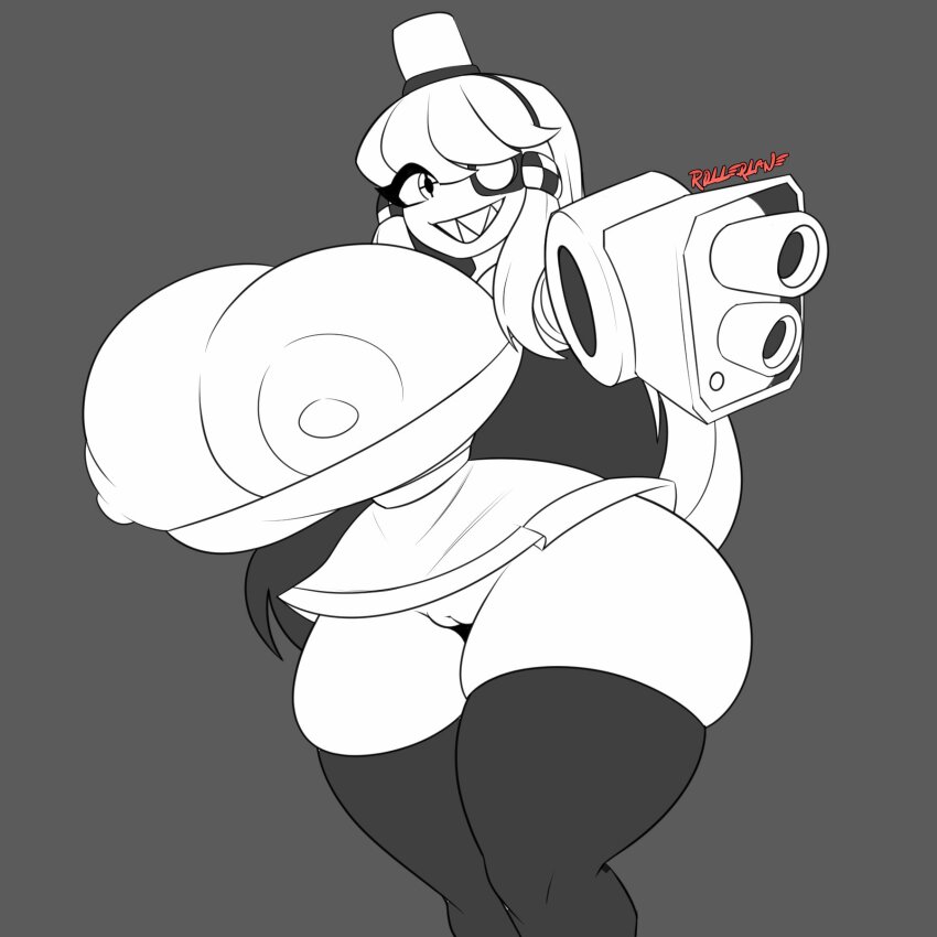 1girl aiming aiming_at_viewer alarm_siren arm_cannon artist_name borrowed_character breasts commentary crosshair_pupils dress english_commentary feet_out_of_frame grey_background grin hair_tubes heterochromia highres huge_breasts joints long_hair looking_at_viewer mimi-sentry_(flyingpiggles) monochrome nipple_slip nipples original personification pussy robot robot_girl robot_joints rollerlane sharp_teeth short_dress simple_background skindentation smile standing team_fortress_2 teeth thighhighs weapon wide_hips