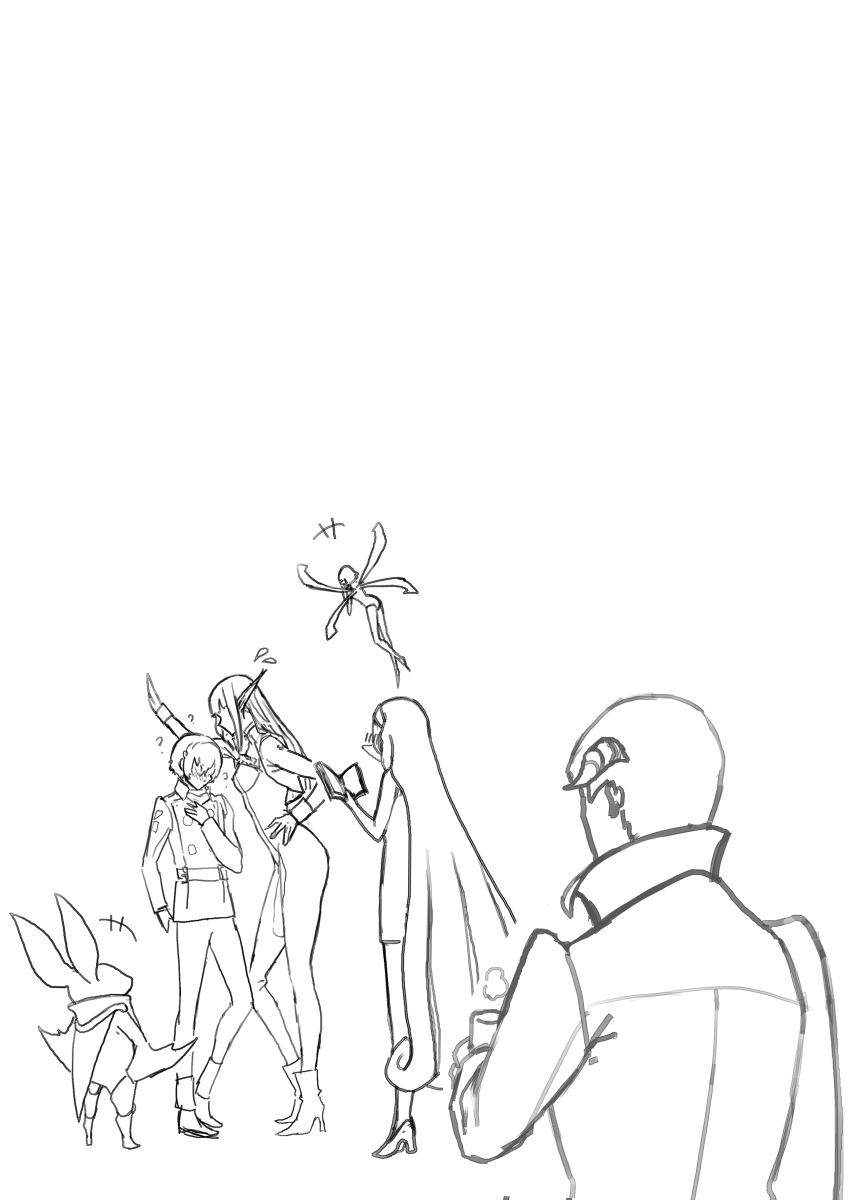 3boys 3girls ? absurdres animal_ears from_behind bat_ears bat_wings blush book confused cup fairy_wings gallica_(metaphor:_refantazio) greyscale hand_on_own_chest hand_on_own_hip heismay_(metaphor:_refantazio) high_heels highres holding holding_book holding_cup horns hulkenberg_(metaphor:_refantazio) junah_(metaphor:_refantazio) kabedon long_hair metaphor:_refantazio monochrome multiple_boys multiple_girls multiple_wings open_book peperon_(peperou) pointy_ears protagonist_(metaphor:_refantazio) strohl_(metaphor:_refantazio) very_long_hair white_background wings