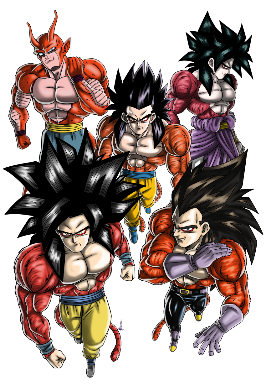 5boys absurdres alternate_form antennae aura bald black_hair black_pants blue_eyes blue_sash body_fur broly_(dragon_ball_z) clenched_hands closed_mouth colored_skin commentary_request copyright_name denim derivative_work dougi dragon_ball dragon_ball_gt frown gloves highres jeans logo long_hair looking_at_viewer male_focus monkey_boy monkey_tail multiple_boys muscular muscular_male no_nipples pants pectorals piccolo purple_gloves red_fur red_skin saiyan sash smile smirk son_gohan son_goku spiked_hair super_saiyan super_saiyan_4 tail un_koshin1402 vegeta yellow_eyes yellow_pants