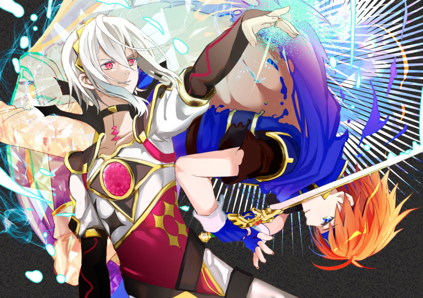 2boys armored_collar asymmetrical_clothes binding_blade_(weapon) blue_eyes fire_emblem fire_emblem_engage male_focus multiple_boys nintendo rafal_(fire_emblem) red_eyes red_hair roy_(fire_emblem) shoochiku_bai white_hair