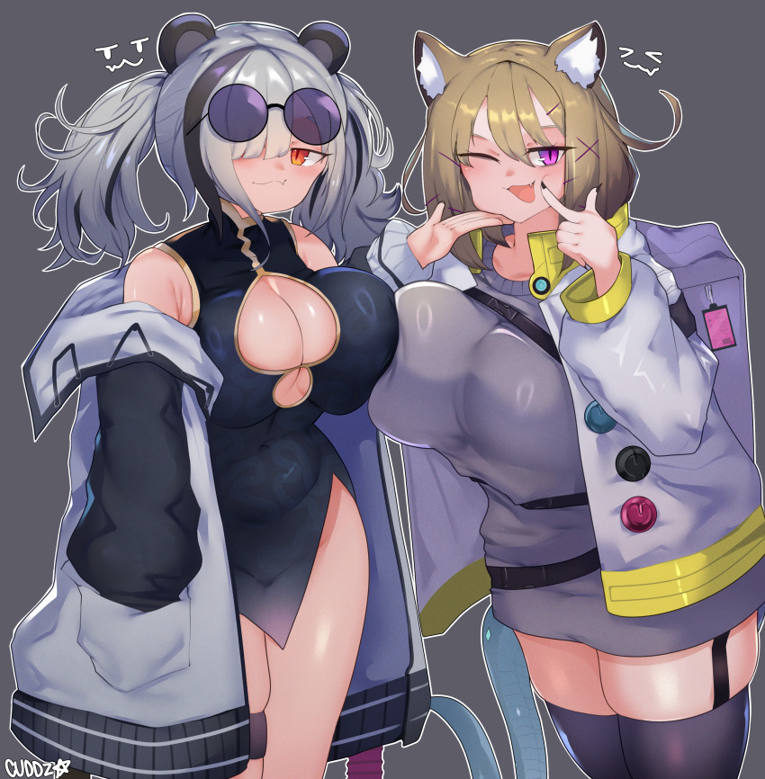 2girls ;d absurdres animal_ears arknights armpit_crease artist_name asymmetrical_docking black_nails black_thighhighs blonde_hair breast_press breasts china_dress chinese_clothes cleavage cleavage_cutout clothing_cutout commentary covered_navel cowboy_shot cuddz dress english_commentary eyewear_on_head fang fang_out feater_(arknights) grey_background grey_hair grey_shirt hair_between_eyes hair_over_one_eye hand_on_another&#039;s_cheek hand_on_another&#039;s_face highres jacket large_breasts long_hair long_sleeves looking_at_viewer multicolored_hair multiple_girls navel off_shoulder one_eye_closed open_clothes open_jacket open_mouth panda_ears panda_girl poking_self purple_eyes round_eyewear shirt simple_background skin_fang smile streaked_hair sunglasses thighhighs twintails utage_(arknights) white_jacket