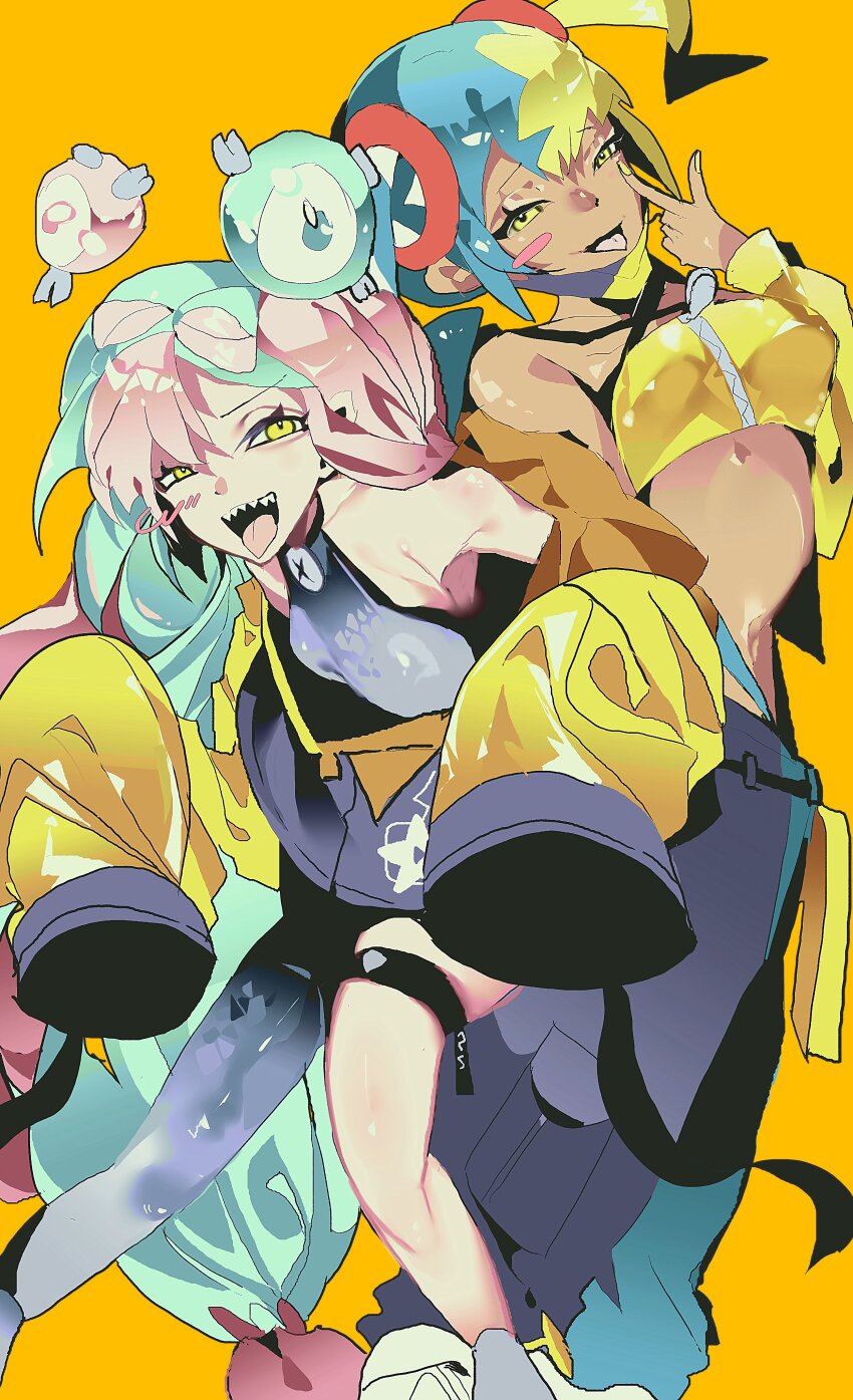 2girls absurdres aqua_hair bandeau black_mask blonde_hair blue_hair bow-shaped_hair breasts canari_(pokemon) center-flap_bangs character_hair_ornament commentary criss-cross_halter criss-cross_straps cttn1117 dark-skinned_female dark_skin fake_hair_bun gen_1_pokemon grey_pantyhose hair_ornament halter_shirt halterneck hexagon_print highres iono_(pokemon) jacket long_hair magnemite mask mask_pull medium_breasts mouth_mask multicolored_hair multiple_girls navel nintendo open_mouth oversized_clothes pants pantyhose pantyhose_under_shorts pink_hair pokemon pokemon_legends:_z-a pokemon_sv sharp_teeth short_twintails shorts single_leg_pantyhose sleeves_past_fingers sleeves_past_wrists smile split-color_hair symbol-only_commentary teeth trait_connection twintails two-tone_mask two-tone_pants x_(symbol) yellow_bandeau yellow_jacket yellow_mask