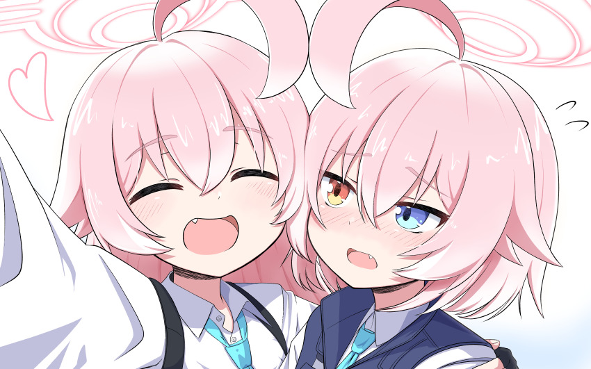 2girls :d ^_^ absurdres aged_down ahoge black_gloves blue_archive blue_eyes blue_necktie blush clone closed_eyes collared_shirt commentary_request dual_persona fang fingerless_gloves gloves hair_between_eyes halo heart heterochromia highres hoshino_(blue_archive) hoshino_(first_year)_(blue_archive) hoshino_(young)_(blue_archive) long_hair long_sleeves looking_at_another looking_at_viewer master_m_489 multiple_girls necktie open_mouth pink_hair school_uniform selfie shirt short_hair sidelocks simple_background smile sweatdrop time_paradox vest white_background white_shirt yellow_eyes
