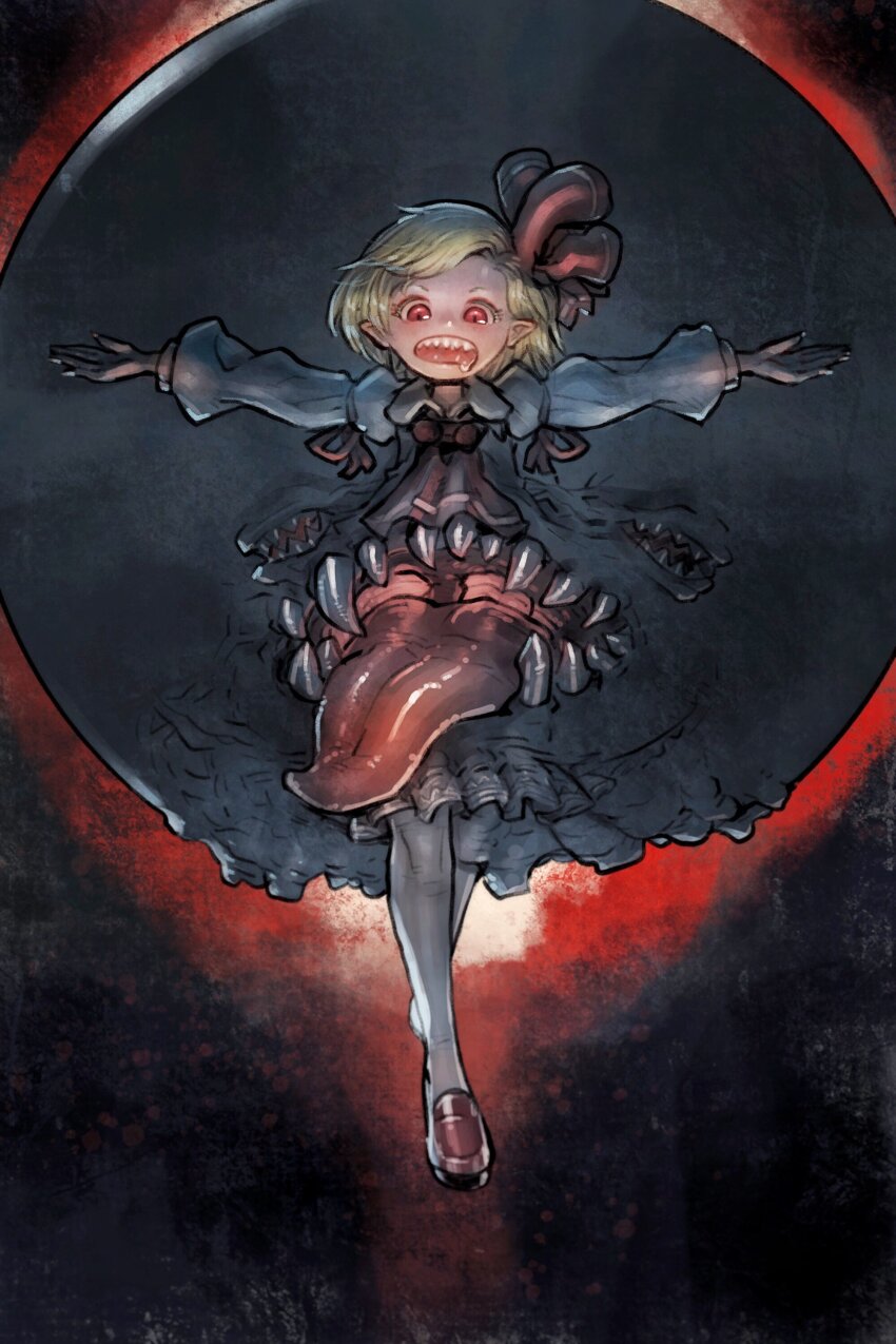 1girl absurdres blonde_hair commentary_request darkness extra_mouth floating full_body highres loafers looking_at_viewer monster open_mouth outstretched_arms pantyhose red_eyes rumia sharp_teeth shoes short_hair solo spread_arms teeth tongue tongue_out touhou vest yst