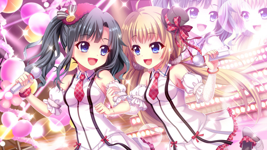 2girls :d ahoge aunt_and_niece balloon black_hair black_hat black_pantyhose blue_eyes bracelet breasts checkered_floor concert detached_sleeves dot_nose dress dutch_angle film_grain game_cg grabbing_another&#039;s_arm hair_ornament hair_scrunchie hat hat_ornament hat_ribbon high_heels holding holding_microphone itsumura_haruka itsumura_yukari izumi_tsubasu jewelry lens_flare light_brown_hair long_hair looking_at_another low_twintails medium_hair microphone mini_hat mini_top_hat multiple_girls necktie non-web_source official_art open_mouth pantyhose plaid_clothes plaid_necktie plaid_ribbon plaid_scrunchie pumps re:stage! red_hat red_necktie red_ribbon red_scrunchie ribbon screen scrunchie shoes short_dress short_necktie sidelocks sleeveless sleeveless_dress small_breasts smile sparkle stage stage_lights stairs tilted_headwear tinsel top_hat twintails white_dress white_footwear white_scrunchie white_sleeves wrist_scrunchie