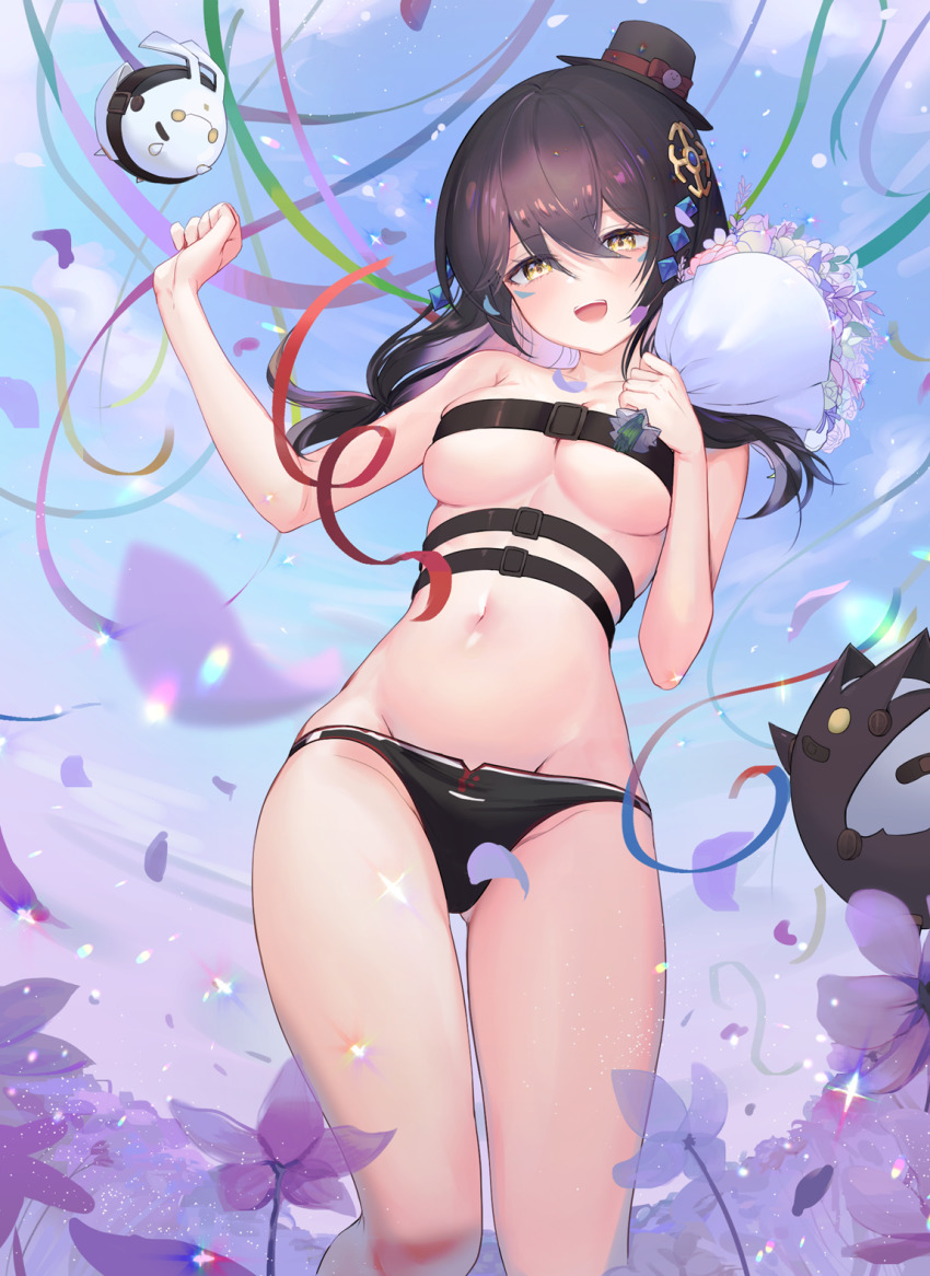 1girl :d artist_request bare_arms bare_shoulders belt belt_bra bikini bikini_bottom_only black_bikini black_hair black_hat bouquet breasts cleavage elsword eve_(2nas)_(elsword) eve_(elsword) facial_mark flower gluteal_fold hair_ornament hands_up hat highres holding long_hair looking_at_viewer medium_breasts moby_(elsword) multiple_belts navel open_mouth purple_flower remy_(elsword) skindentation smile solo stomach swimsuit thighs top_hat yellow_eyes
