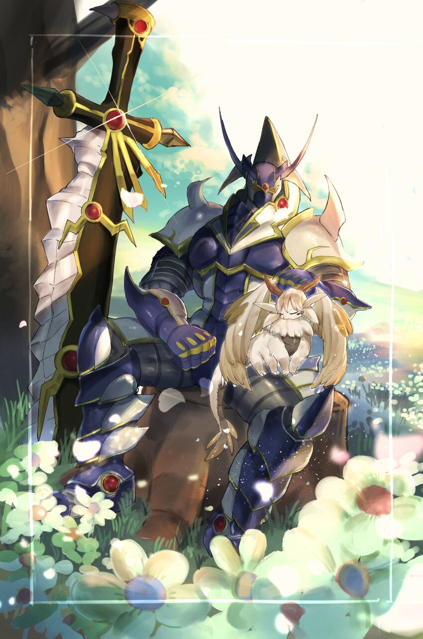 1boy absurdres armor blurry blurry_background body_fur buster_blader_the_dragon_destroyer_swordsman buster_whelp_of_the_destruction_swordsman dougaku_(passionpit777) duel_monster flower grey_fur highres horns male_focus nature outdoors purple_armor sitting sitting_on_tree_stump sword tree weapon white_armor yu-gi-oh!