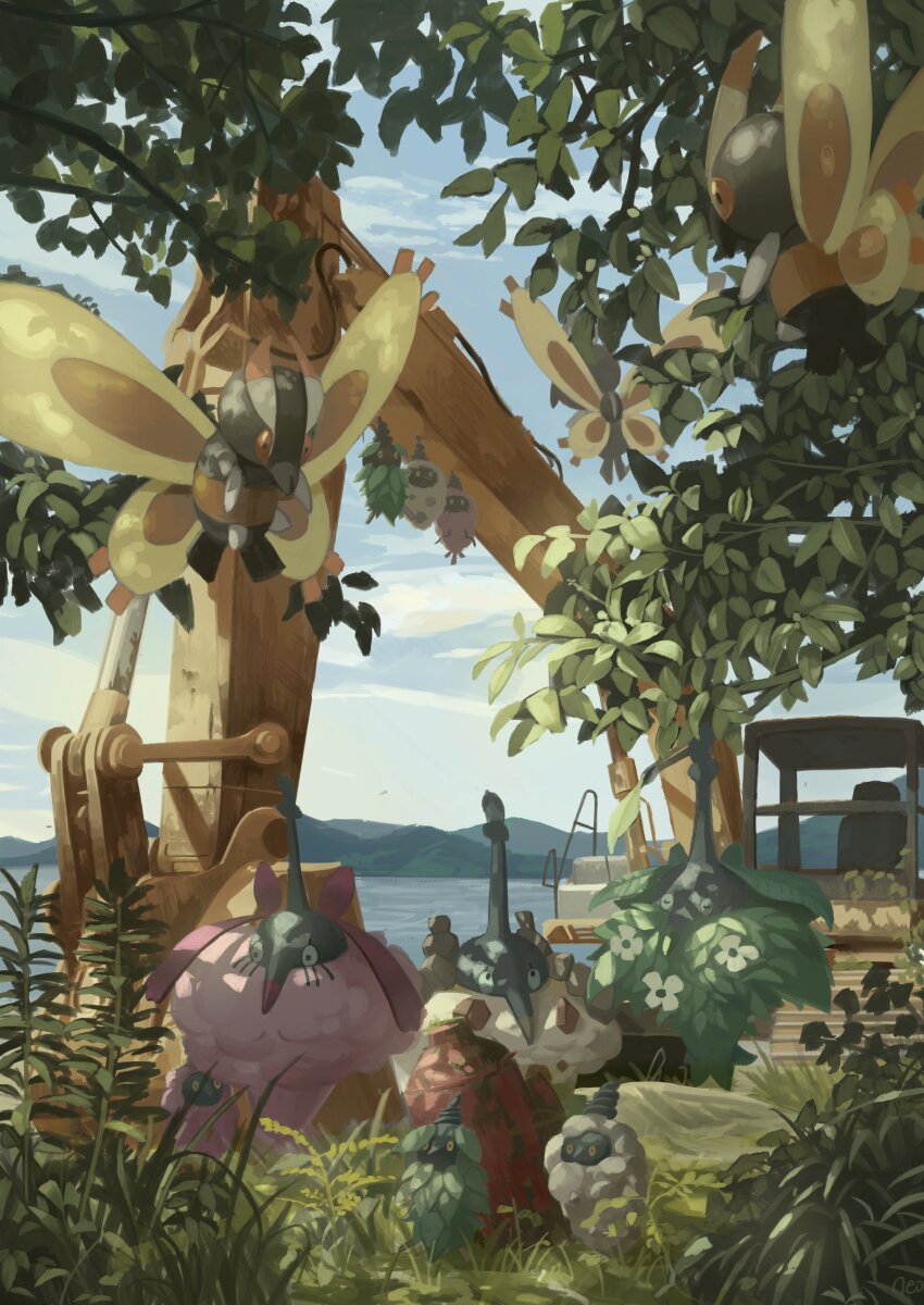 absurdres animal_focus black_eyes burmy burmy_(plant) burmy_(sandy) burmy_(trash) cloud cocoon commentary_request day evolutionary_line excavator gen_4_pokemon grass hanging highres king_joe_(neoroto) mothim nintendo no_humans outdoors pokemon pokemon_(creature) sky wormadam wormadam_(plant) wormadam_(sandy) wormadam_(trash)