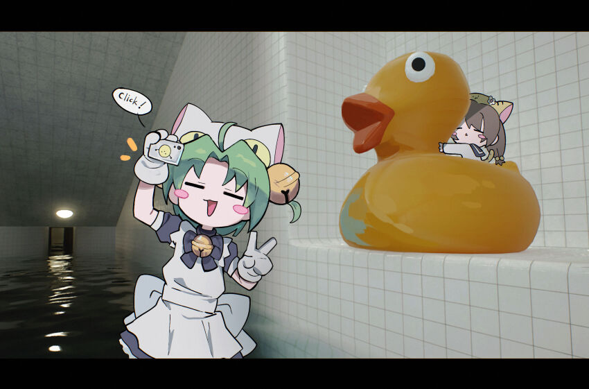 2girls 3d_background :3 =_= ahoge animal_hat apron backrooms_(creepypasta) bell blue_dress blush_stickers brown_hair cat_hat ceiling_light cellphone commentary curtained_hair dejiko di_gi_charat dream_pool dress english_commentary english_text gema gloves green_hair hair_bell hair_ornament hat highres holding holding_phone indoors jingle_bell long_hair maid morizo_(morizoshop) multiple_girls neck_bell open_mouth phone pool puchiko puffy_short_sleeves puffy_sleeves rubber_duck selfie short_dress short_hair short_sleeves sitting smartphone spoken_sound_effect standing taking_picture tiger_hat tile_wall tiles triangle_mouth v wading water white_apron white_gloves white_hat