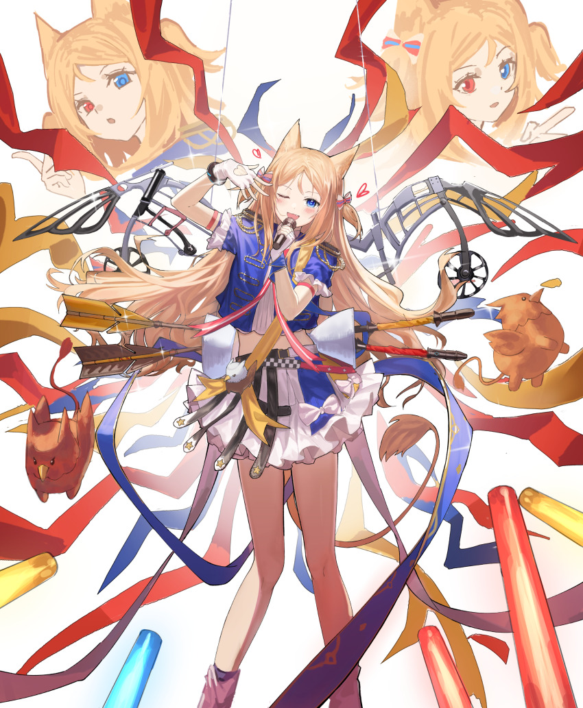 1girl absurdres animal_ears archetto_(arknights) archetto_(publicity_strategy)_(arknights) arknights arrow_(projectile) blue_eyes blush bow_(weapon) commentary compound_bow creature epaulettes fingerless_gloves gloves heterochromia highres holding holding_microphone idol_clothes infection_monitor_(arknights) lion_ears lion_girl lion_tail long_hair looking_at_viewer microphone midriff multiple_views one_eye_closed orange_hair red_eyes skirt tail v.ia weapon white_gloves white_skirt