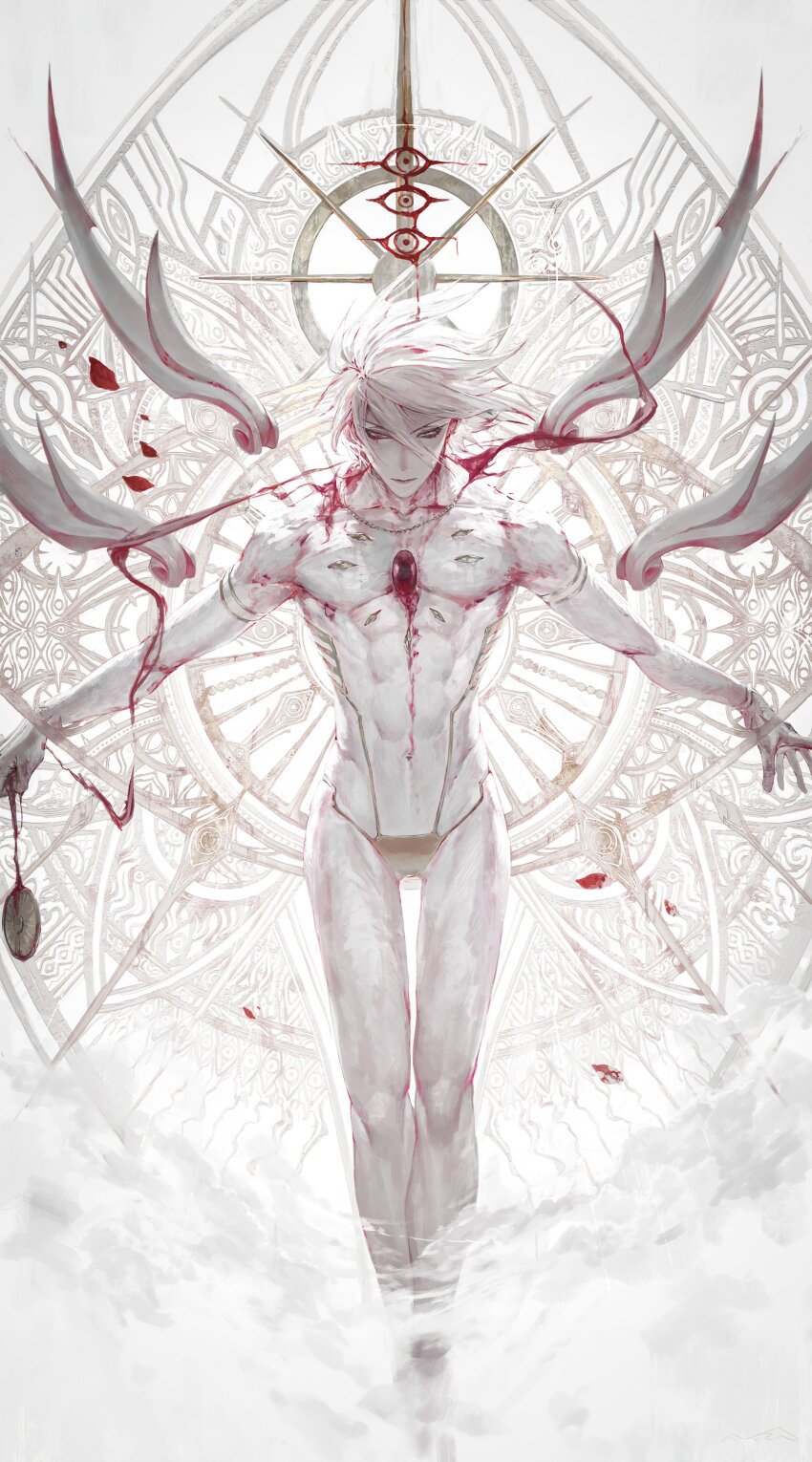 1boy absurdres bishounen egawa_akira fate/grand_order fate_(series) hair_between_eyes halo halo_behind_head heterochromia highres incoming_attack jewelry karna_(fate) legs_together looking_at_viewer male_focus noble_phantasm_(fate) outstretched_arms pale_skin short_hair solo spot_color spread_arms toned toned_male weapon white_hair white_theme