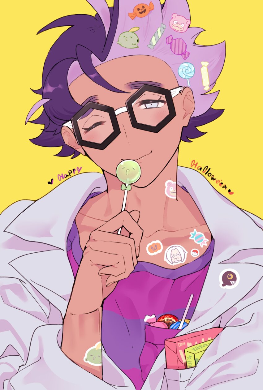 1boy ;) absurdres black-framed_eyewear candy candy_wrapper clavell_(pokemon) closed_mouth coat collarbone commentary_request food game_freak gen_1_pokemon gen_3_pokemon glasses gulpin halloween hand_up heart highres holding jacq_(pokemon) lollipop male_focus nintendo one_eye_closed pokemon pokemon_sv purple_hair purple_shirt shirt short_hair slowpoke smile sticker striped_clothes striped_shirt tudurimike yellow_background