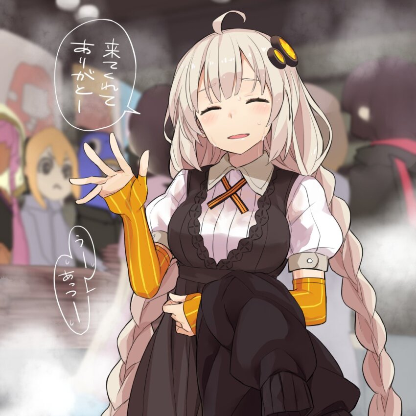 1girl ahoge black_dress blurry blurry_background blush braid breasts closed_eyes collared_shirt commentary_request convention cosplay cowboy_shot cross_tie dress elbow_gloves facing_viewer fingerless_gloves furrowed_brow gloves gyari_(bird) hair_ornament hand_up holding holding_unworn_clothes holding_jacket holding_unworn_clothes indoors jacket kizuna_akari large_breasts long_hair open_mouth orange_gloves people puffy_short_sleeves puffy_sleeves raised_eyebrows shirt short_sleeves smile solo_focus standing steam striped_clothes striped_gloves sweat sweaty_clothes toromera translation_request twin_braids unworn_jacket vertical-striped_clothes vertical-striped_gloves very_long_hair very_sweaty vocaloid voiceroid voms waving white_hair white_shirt yuzuki_yukari yuzuki_yukari_(cosplay)