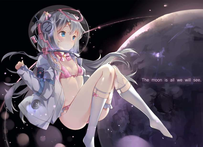 1girl astronaut asymmetrical_legwear bikini blush bow bowtie closed_mouth emblem english_text expressionless female_focus fishnet_kneehighs fishnets frilled_bikini frilled_kneehighs frills grey_jacket grey_socks hair_bow hair_ornament helmet highres jacket kikistark kneehighs knees_together_feet_apart knees_up lens_flare long_hair long_sleeves looking_away moon nasa no_shoes open_clothes open_jacket original pink_bikini pink_bow pink_bowtie silver_hair single_thighhigh sleeves_past_wrists socks solo space space_helmet spacesuit star_(sky) star_(symbol) star_hair_ornament swimsuit thighhighs thighs twintails two_side_up uneven_legwear very_long_hair