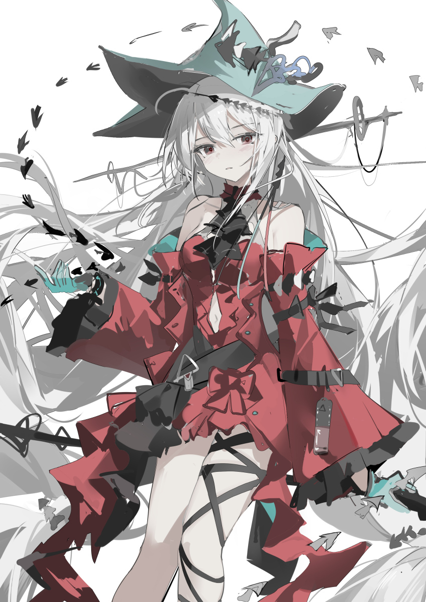 1girl absurdres anglerfish aqua_gloves aqua_hat arknights ascot black_ascot clothing_cutout detached_sleeves dress fish gloves grey_hair hat highres infection_monitor_(arknights) long_hair luozhou_pile navel navel_cutout parted_lips red_dress red_eyes simple_background skadi_(arknights) skadi_the_corrupting_heart_(arknights) solo very_long_hair white_background