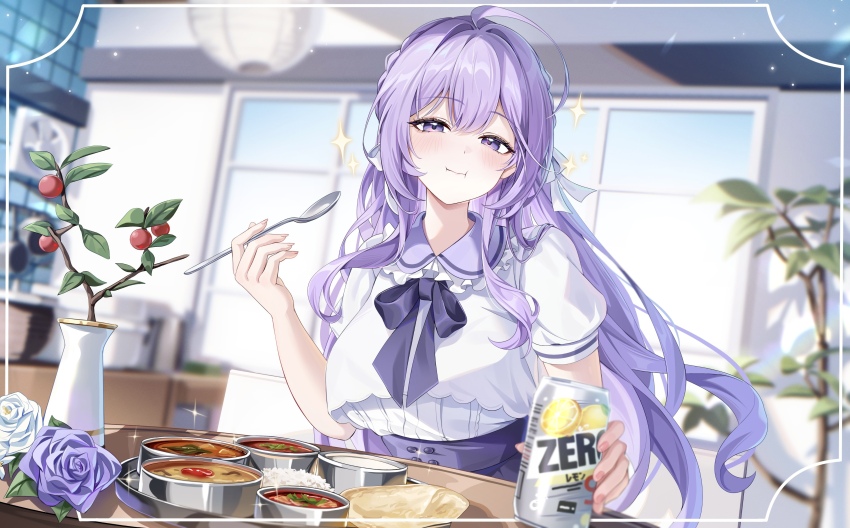 1girl :t absurdres ahoge aida_noa blurry blurry_background bow bowtie can collared_shirt commission eating food frilled_shirt frills high-waist_skirt highres holding holding_can indoors long_hair looking_at_viewer original purple_eyes purple_hair purple_skirt shirt short_sleeves skeb_commission skirt solo very_long_hair white_shirt