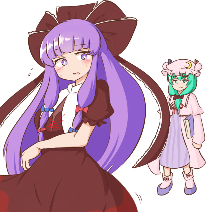 2girls blue_bow blunt_bangs blush book bow bright_pupils brown_bow brown_dress brown_ribbon closed_mouth cosplay costume_switch crescent crescent_pin dress frilled_ribbon frills front_ponytail green_eyes green_hair hair_bow hair_ribbon hat highres kagiyama_hina kagiyama_hina_(cosplay) long_hair long_sleeves mizusoba mob_cap multiple_bows multiple_girls open_mouth patchouli_knowledge patchouli_knowledge_(cosplay) pink_headwear pink_legwear purple_dress purple_eyes purple_footwear red_bow ribbon short_sleeves smile standing striped_clothes striped_dress sweat touhou very_long_hair white_pupils wide_sleeves