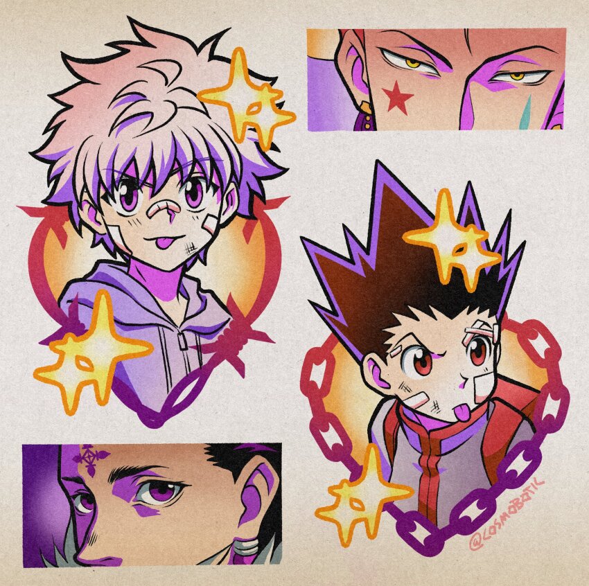 4boys bandage_on_face bandages chrollo_lucilfer csmbtc facial_mark gon_freecss highres hisoka_morow hunter_x_hunter killua_zoldyck male_focus multiple_boys pink_eyes red_eyes sparkle spiked_hair star_(symbol) star_facial_mark teardrop_facial_mark tongue tongue_out yellow_eyes zipper_pull_tab