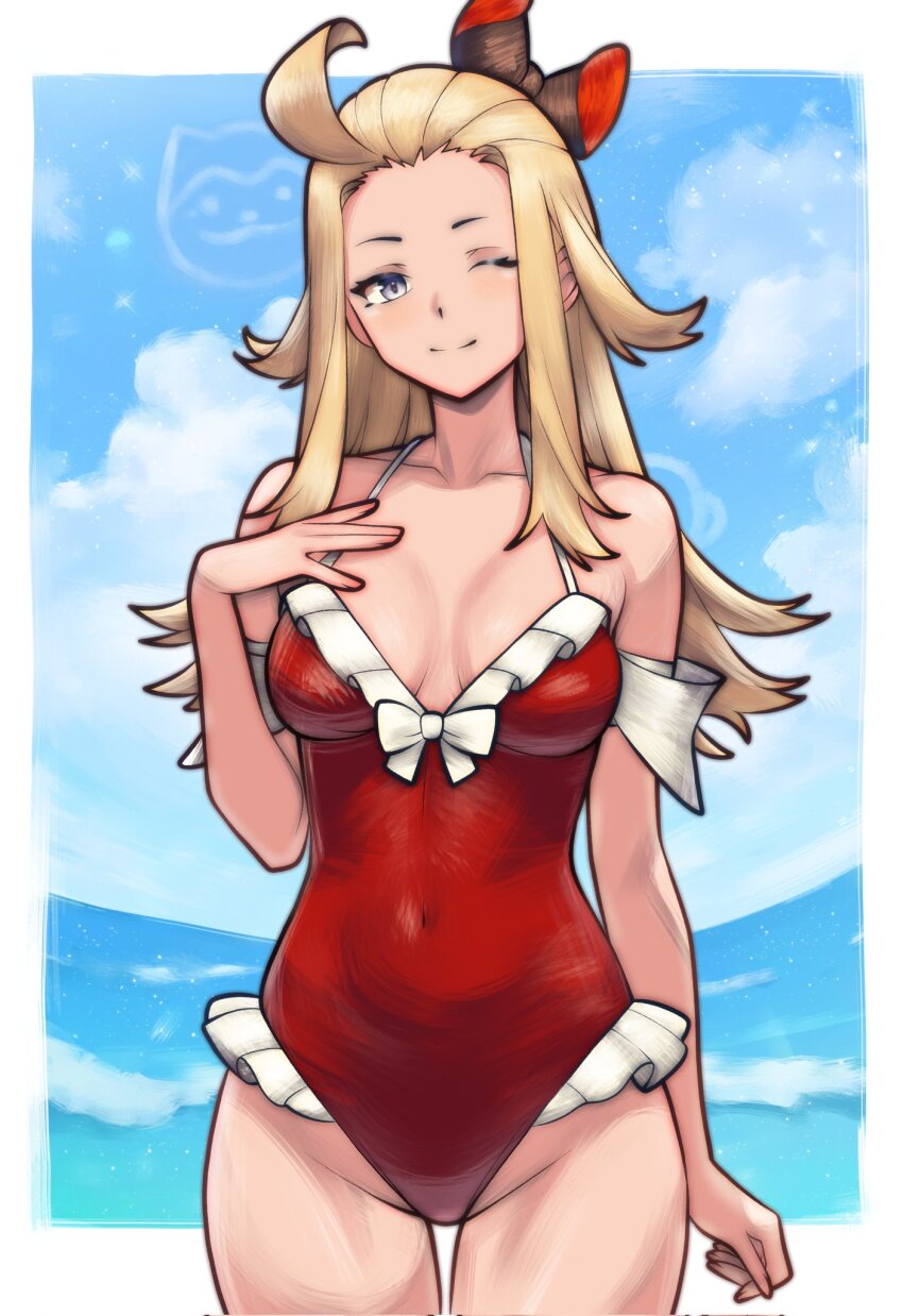 1girl ahoge bangs_pinned_back blonde_hair blue_eyes blue_sky bow bravely_default:_flying_fairy bravely_default_(series) breasts covered_navel edea_lee frills hair_bow hand_on_own_chest highres long_hair ocean one-piece_swimsuit one_eye_closed outside_border red_one-piece_swimsuit rotomdocs sky solo swimsuit