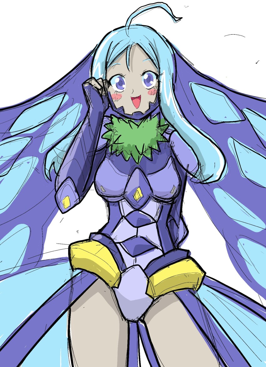 1girl armor blue_eyes blue_hair blush breasts bug butterfly butterfly_wings digimon digimon_(creature) digimon_story:_cyber_sleuth_hacker&#039;s_memory fur_collar highres hudiemon insect insect_wings leotard long_hair looking_at_viewer medium_breasts open_mouth ph6xeivbgpimggg shoulder_armor skirt smile thick_thighs thighs wings