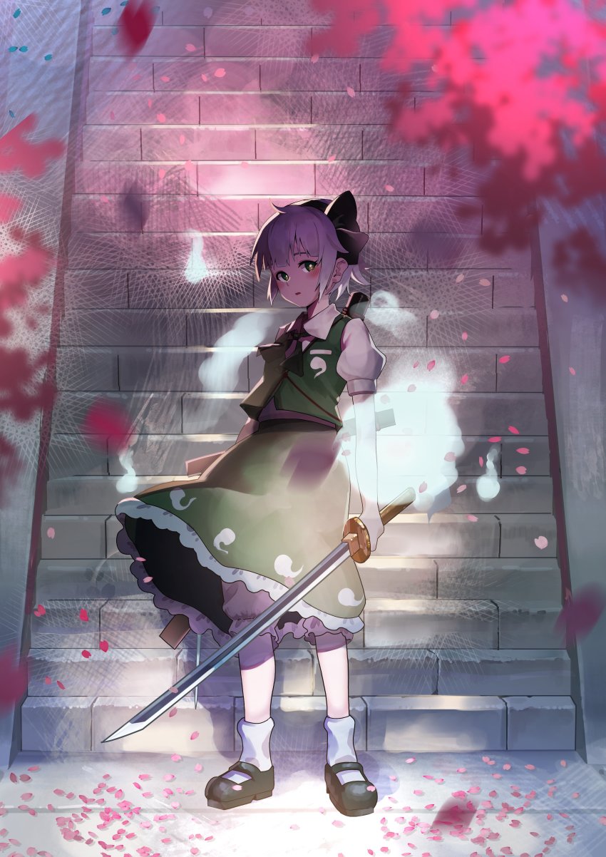 1girl absurdres ahoge black_bow black_hairband black_ribbon black_shoes bloomers blunt_bangs blurry blurry_foreground blush bob_cut bow check_commentary clothes_lift collared_shirt commentary_request depth_of_field dual_wielding full_body green_eyes green_skirt green_vest hair_bow hair_ribbon hairband hakugyokurou highres hiragi_sage hitodama holding holding_sword holding_weapon katana konpaku_youmu konpaku_youmu_(ghost) looking_at_viewer mary_janes medium_skirt neck_ribbon parted_lips petals puffy_short_sleeves puffy_sleeves ribbon scabbard shadow sheath shirt shoes short_hair short_sleeves skirt skirt_lift skirt_set socks solo stairs standing stone_stairs sword touhou transparent underwear unsheathed upskirt vest weapon weapon_on_back white_hair white_shirt white_socks wind wind_lift wing_collar