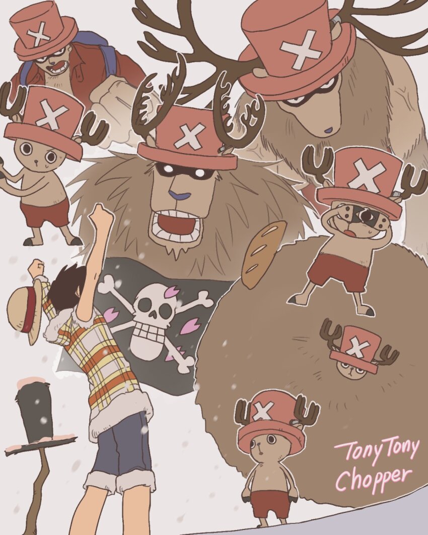 2boys alternate_form antlers bag black_hair character_name coat commentary flag furry hat highres horns looking_at_viewer monkey_d._luffy multiple_boys one_piece only_op2024 open_mouth pink_hat reindeer_antlers short_hair shorts shoulder_bag simple_background straw_hat symbol-only_commentary tony_tony_chopper white_background