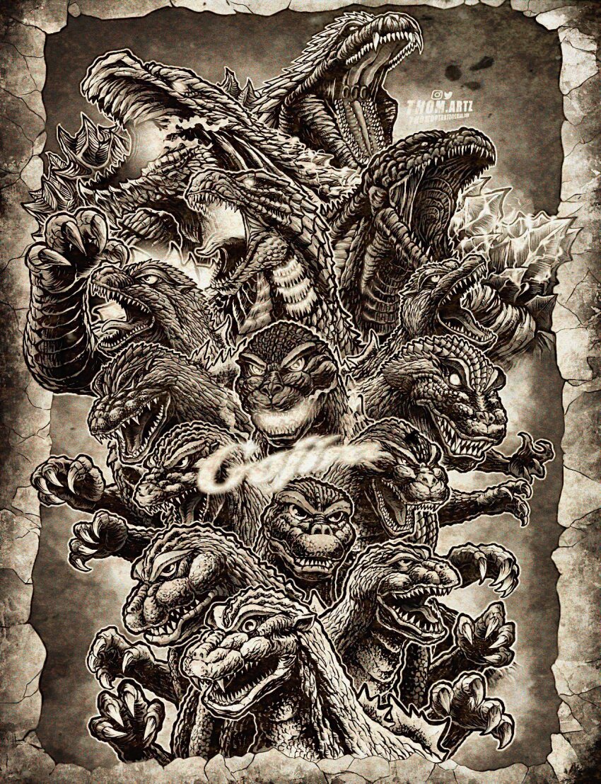alternate_color burning_godzilla character_name claws crossover dinosaur electricity energy english_text everyone extra_teeth fangs giant giant_monster gills glowing glowing_eyes glowing_gills glowing_mouth glowing_spikes godzilla godzilla,_mothra_and_king_ghidorah:_giant_monsters_all-out_attack godzilla:_final_wars godzilla:_king_of_the_monsters godzilla:_planet_of_the_monsters godzilla_(1954) godzilla_(series) godzilla_(shin) godzilla_against_mechagodzilla godzilla_earth godzilla_singular_point godzilla_ultima godzilla_vs._destoroyah godzilla_vs._megaguirus godzilla_vs._megalon_(1973) godzilla_vs._mothra highres kaiju king_kong_(series) king_kong_vs._godzilla legendary_pictures monochrome monster monsterverse mothra_vs._godzilla multiple_persona no_humans no_pupils open_mouth roaring sharp_teeth shin_godzilla signature smoke spikes steam teeth the_return_of_godzilla thomdotartz toho tongue