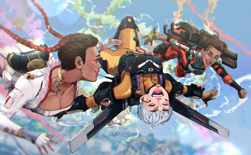 3girls :d ^_^ apex_legends ass black_gloves bodysuit bossan_3310 braid breasts brown_hair cleavage clenched_hand closed_eyes completion_time contrail cropped_jacket dark-skinned_female dark_skin floating_hair flying gloves grey_hair highres jacket jumpsuit loba_(apex_legends) medium_breasts multiple_girls olympus_(apex_legends) open_mouth orange_jumpsuit pants rampart_(apex_legends) red_hair side_ponytail smile twin_braids upside-down valkyrie_(apex_legends) white_jacket white_pants yellow_bodysuit