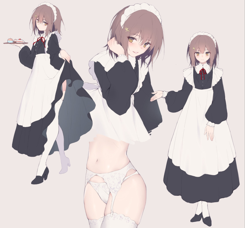 1girl apron black_dress black_footwear brown_hair buttons cake cake_slice clothes_lift collared_dress cupcake dress expressionless flowers_(innocent_grey) food full_body garter_belt hair_between_eyes hand_up head_tilt high_heels highres holding holding_tray kousaka_mayuri lifting_own_clothes lingerie long_dress long_sleeves looking_at_viewer maid maid_apron maid_headdress multiple_views navel neck_ribbon panties parted_lips puffy_long_sleeves puffy_sleeves red_ribbon ribbon shoes short_hair skirt skirt_lift smile standing straight_hair strawberry_shortcake teeth thighhighs thighs tray underwear upper_body waist_apron weisuoxin white_apron white_headdress white_panties white_thighhighs yellow_eyes