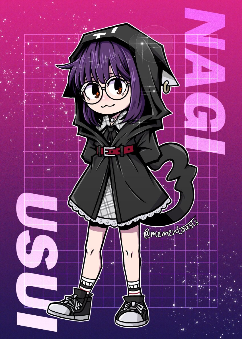 1girl absurdres animal_hood arms_behind_back belt black_hoodie black_ribbon cat_hood dress ear_piercing eyebrows female_focus full_body glasses grey_dress hair_between_eyes highres hood hoodie jewelry looking_at_viewer necklace orange_hair piercing purple_hair ribbon round_eyewear sailor_collar sailor_dress shin_subarashiki_kono_sekai shoes sneakers solo subarashiki_kono_sekai usui_nagi