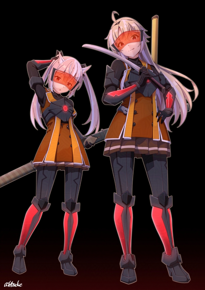 2girls :q ahoge artist_name blonde_hair brown_skirt closed_mouth commentary_request corruption dark_persona full_body glowing gradient_background hair_ears hand_on_own_hip head-mounted_display highres holding holding_sword holding_weapon jacket katana kohagura_ellen looking_at_viewer mashiko_kaoru motsutoko multiple_girls orange_jacket osafune_girls_academy_school_uniform parted_lips pink_hair pleated_skirt power_suit school_uniform sheath skirt standing sword toji_no_miko tongue tongue_out twintails weapon winter_uniform