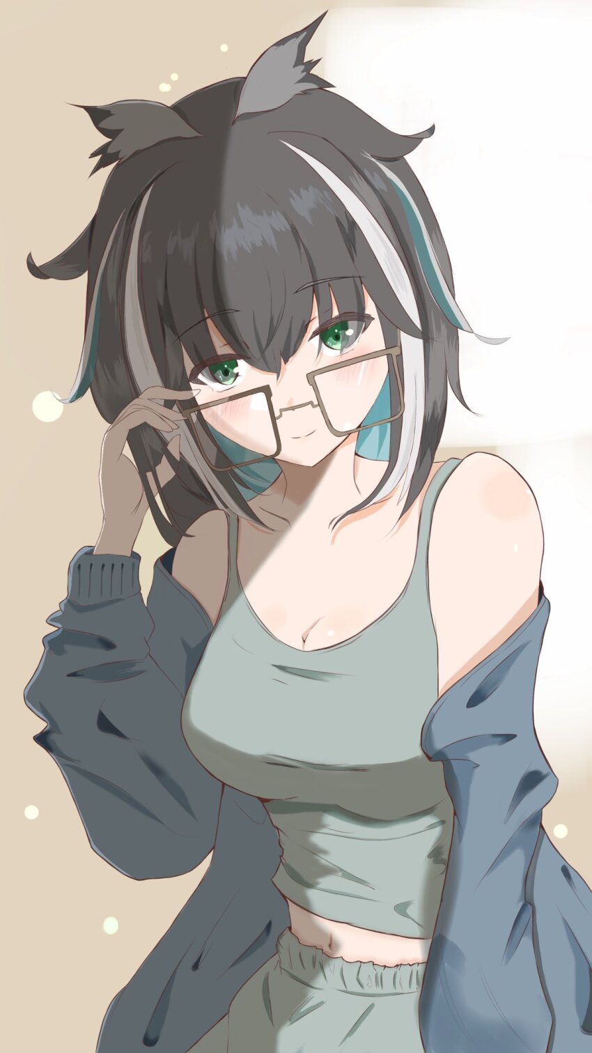1girl adjusting_eyewear alternate_costume black_hair blue_hair blush breasts brown_background cleavage closed_mouth commentary_request cowboy_shot fingernails glasses green_eyes grey-framed_eyewear grey_hair grey_jacket grey_shorts grey_tank_top highres jacket jacket_partially_removed large_breasts looking_at_viewer medium_hair multicolored_hair nanashi_inc. navel open_clothes open_jacket oura_rukako rem32354457rem shorts smile solo streaked_hair tank_top virtual_youtuber