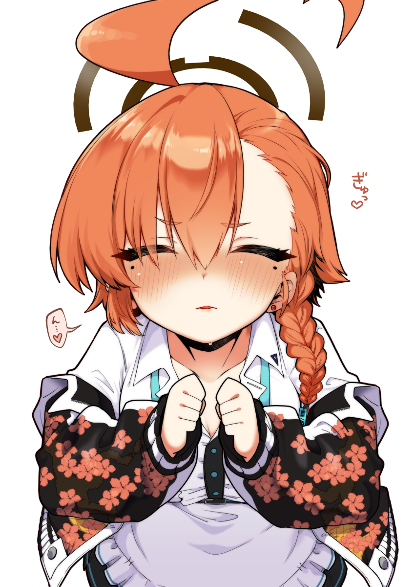 1girl absurdres ahoge blue_archive braid closed_eyes earrings hair_between_eyes hair_over_shoulder highres huge_ahoge incoming_kiss jacket jewelry long_hair long_sleeves mole mole_under_each_eye mole_under_eye multiple_moles myon2 neru_(blue_archive) orange_hair print_jacket single_braid solo stud_earrings sukajan