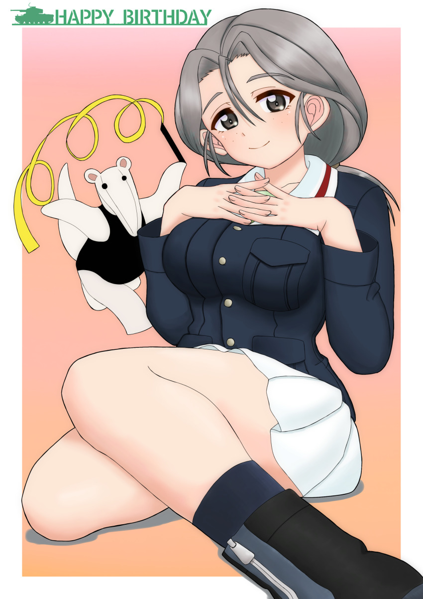 1girl absurdres amanone_yun anteater birthday black_boots black_socks blue_jacket boots closed_mouth commentary emblem english_text freckles girls_und_panzer grey_eyes grey_hair hair_tie hands_on_own_chest happy_birthday highres interlocked_fingers jacket kneehighs long_hair long_sleeves looking_at_viewer low_ponytail military_uniform miniskirt ooarai_military_uniform orange_background own_hands_together piyotan_(girls_und_panzer) ponytail shadow sitting skirt smile socks solo white_skirt zipper