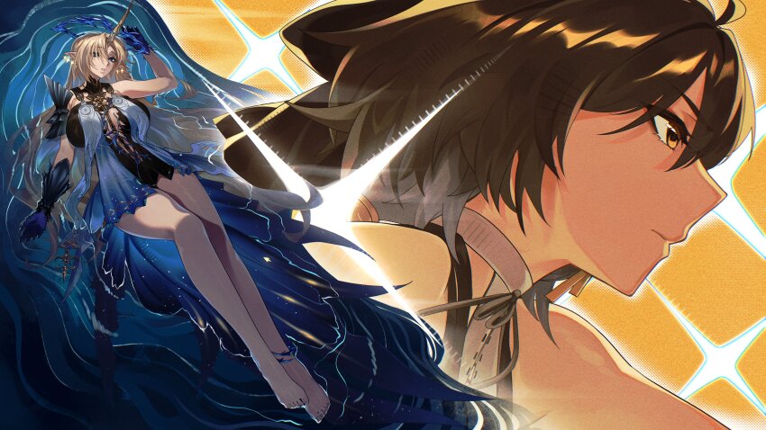 2girls absurdres bare_legs bare_shoulders barefoot black_bow black_dress black_hair blue_eyes bow breasts closed_mouth commentary_request crown_of_thorns dress earrings feet female_rover_(wuthering_waves) fleurdelys_(wuthering_waves) floating_earrings hair_bow hand_up highres horns huge_breasts jewelry legs leppib looking_ahead looking_at_viewer multiple_girls parted_lips pointy_ears profile rover_(wuthering_waves) single_horn tabard toes white_tabard wuthering_waves yellow_eyes yellow_horns