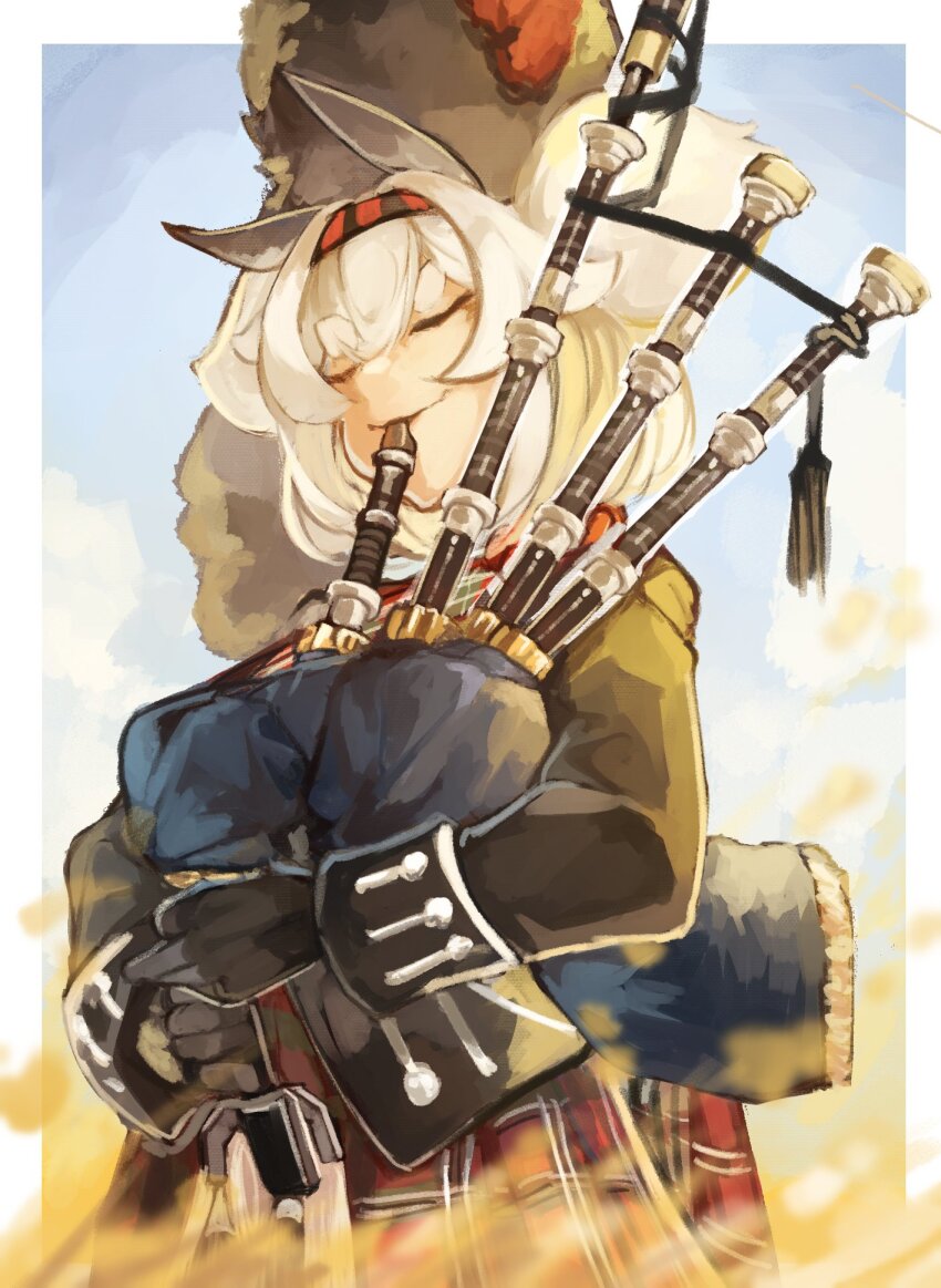 1girl alvis_(last_origin) bagpipes black_gloves closed_eyes gloves highres instrument kilt larribee last_origin music playing_instrument solo thick_eyebrows two_side_up white_hair
