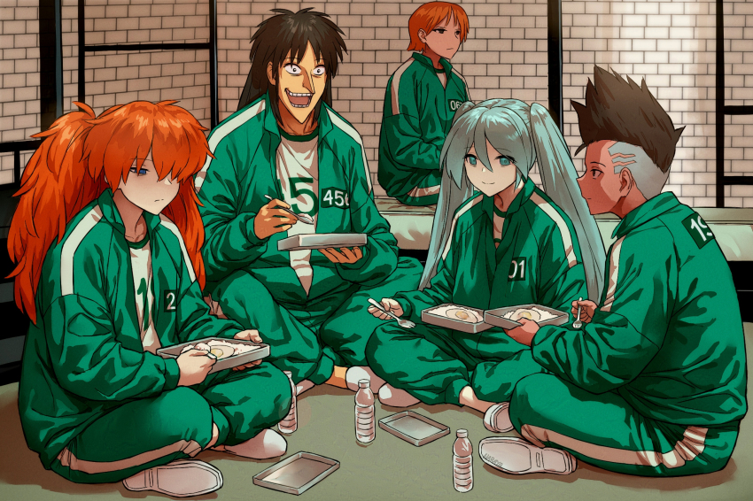 2girls 3girls aqua_eyes aqua_hair black_eyes black_hair blue_eyes bottle closed_mouth crossover cyberpunk_(series) cyberpunk_edgerunners david_martinez egg_(food) food fried_egg haraya_manawari hatsune_miku highres itou_kaiji kaiji long_hair mohawk multiple_boys multiple_girls nami_(one_piece) neon_genesis_evangelion one_piece open_mouth orange_hair rebuild_of_evangelion rice smile souryuu_asuka_langley squid_game twintails very_long_hair vocaloid water_bottle
