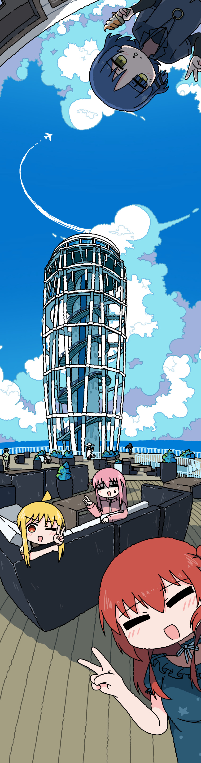 2boys 6+girls absurdres ahoge blonde_hair blue_hair blue_sky bocchi_the_rock! closed_eyes cloud cloudy_sky contrail couch cumulonimbus_cloud day emesan_desu food food_on_face gotoh_hitori highres holding holding_ice_cream_cone horizon ice_cream_cone ijichi_nijika incredibly_absurdres jacket jitome kita_ikuyo multiple_boys multiple_girls ocean one_eye_closed one_side_up open_mouth outdoors peeking_out people pink_hair pink_jacket red_eyes red_hair sky sweatdrop table v yamada_ryo