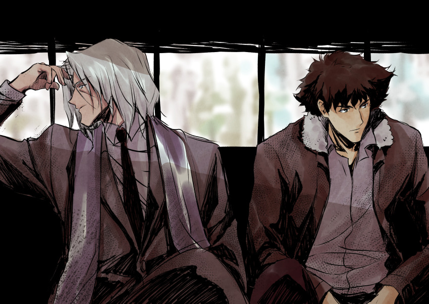 2boys absurdres black_hair black_necktie closed_mouth cowboy_bebop finger_on_forehead grey_hair highres looking_to_the_side male_focus medium_hair multiple_boys necktie short_hair spike_spiegel spiked_hair tobalin vicious_(cowboy_bebop)