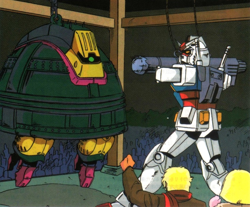 1980s_(style) artist_request baund_doc bell blonde_hair chain char_aznable commentary cosplay costume crowd english_commentary festival gloves gundam highres hitting jacket japan magazine_scan mobile_suit mobile_suit_gundam new_year night oldschool one-eyed out_(magazine) parody promotional_art retro_artstyle rx-78-2_gundam sayla_mass scan scarf science_fiction siblings temple traditional_media tree v-fin zeta_gundam