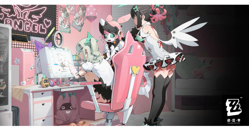 3girls absurdres arm_warmers back_cutout backless_outfit bangboo_(zenless_zone_zero) barefoot black_hair black_thighhighs bow chair character_request chinatsu_remiel chinese_commentary chinese_text clothing_cutout commentary_request computer computer_keyboard computer_mouse copyright_name crt desk dress english_text fake_wings figure flying_sweatdrops from_side grey_hair hair_bow highres humanoid_robot indoors medium_hair microphone monitor multicolored_hair multiple_girls multiple_hair_bows office_chair official_art on_chair pink_hair poster_(object) puffy_short_sleeves puffy_sleeves robot robot_ears robot_girl rokudu_sariel shirt short_sleeves side_ponytail squatting standing striped_arm_warmers striped_clothes striped_dress swivel_chair thighhighs two-tone_hair vertical-striped_clothes vertical-striped_dress waterkuma wavy_mouth webcam white_dress white_shirt wings yutane_johiel zenless_zone_zero zettai_ryouiki