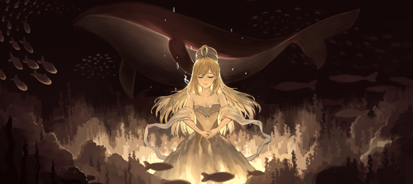 1girl absurdres bare_shoulders blonde_hair breasts cleavage closed_eyes closed_mouth dress fish golkey hair_between_eyes hat highres jingburger long_hair own_hands_together sidelocks smile underwater waktaverse whale white_dress white_hat