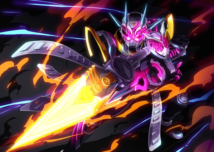1boy alternate_costume armor black_armor black_bodysuit bodysuit clock_hands compound_eyes finishing_move gloves highres horns kamen_rider kamen_rider_zi-o kamen_rider_zi-o_(series) kamen_rider_zi-o_ii male_focus multiple_horns official_alternate_costume otokamu pink_eyes pink_gloves sword translation_request weapon zikan_girade ziku_driver