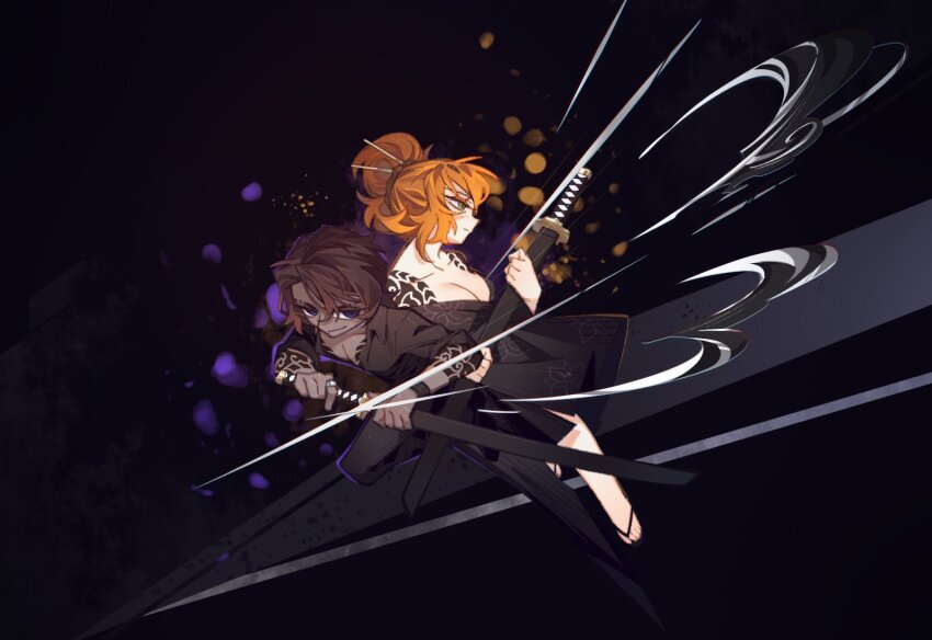 1boy 1girl back-to-back black_background black_kimono black_pants black_shirt breasts cleavage closed_mouth full_body green_eyes hair_bun heathcliff_(project_moon) highres holding holding_sheath holding_sword holding_weapon ishmael_(project_moon) japanese_clothes katana kimono kurokumo_clan_(identity)_(project_moon) large_breasts limbus_company long_sleeves looking_to_the_side medium_hair mercuryhx orange_hair pants project_moon sandals sheath sheathed shirt simple_background sword weapon