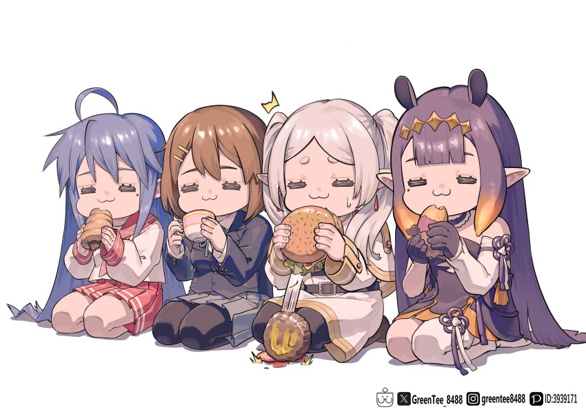 4girls :3 =_= ^^^ absurdres ahoge artist_logo artist_name belt black_gloves black_jacket black_pantyhose blue_hair blunt_bangs brown_hair burger burger_malfunction capelet chocolate_cornet choker commentary crossover cup dress failure food frieren fur-trimmed_choker fur_trim furrowed_brow gloves gold_trim gradient_hair grey_hair grey_skirt hair_ornament hairclip highres hirasawa_yui holding holding_burger holding_cup holding_food hololive hololive_english instagram_logo instagram_username izumi_konata jacket k-on! kneeling lapels logo long_hair long_sleeves lucky_star mole mole_under_eye multicolored_hair multiple_crossover multiple_girls neckerchief ninomae_ina&#039;nis ninomae_ina&#039;nis_(1st_costume) notched_lapels orange_hair pantyhose parted_bangs pixiv_id pixiv_logo pointy_ears purple_hair red_neckerchief red_sailor_collar red_skirt roasted_sweet_potato ryouou_school_uniform sailor_collar sakuragaoka_high_school_uniform school_uniform seiza serafuku shirt short_hair simple_background sitting skirt sleeve_cuffs sousou_no_frieren strapless strapless_dress sweet_potato symbol-only_commentary teacup tentacle_hair thighs trait_connection tube_dress twintails twitter_username twitter_x_logo very_long_hair virtual_youtuber white_background white_capelet white_shirt zetsuental