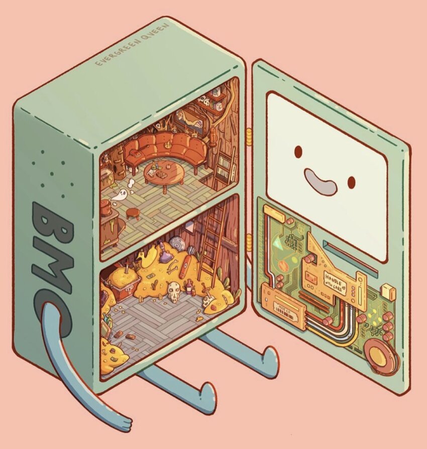 adventure_time animal_skull artist_name axe bathtub bmo bone circuit_board coffee_table coin commentary cooking_pot couch dirty english_commentary english_text evergreenqveen ghost gold_coin ladder loaded_interior parquet_floor pink_background planted planted_sword planted_weapon polly_pocket potion shelf shield simple_background skull smile steam stool stove sword table treasure treasure_chest weapon wooden_wall