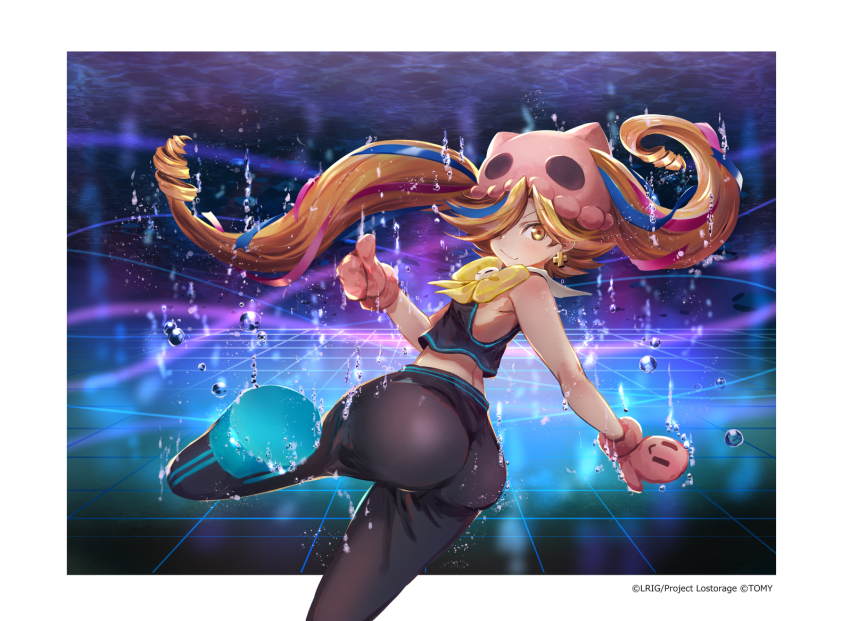 1girl ass black_pants black_shirt blue_hair breasts brown_hair closed_mouth copyright_notice dqn_(dqnww) drill_hair earrings eldora_(wixoss) gloves hair_over_one_eye jewelry long_hair looking_at_viewer multicolored_hair official_art pants pink_gloves pink_hair shirt small_breasts smile solo streaked_hair thumbs_up twin_drills very_long_hair wixoss yellow_eyes